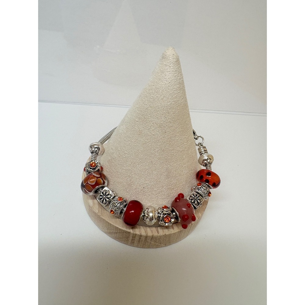 Red Orange Glass Lampwork Charm Bracelet Silver Tone Snake Chain Floral Accents
